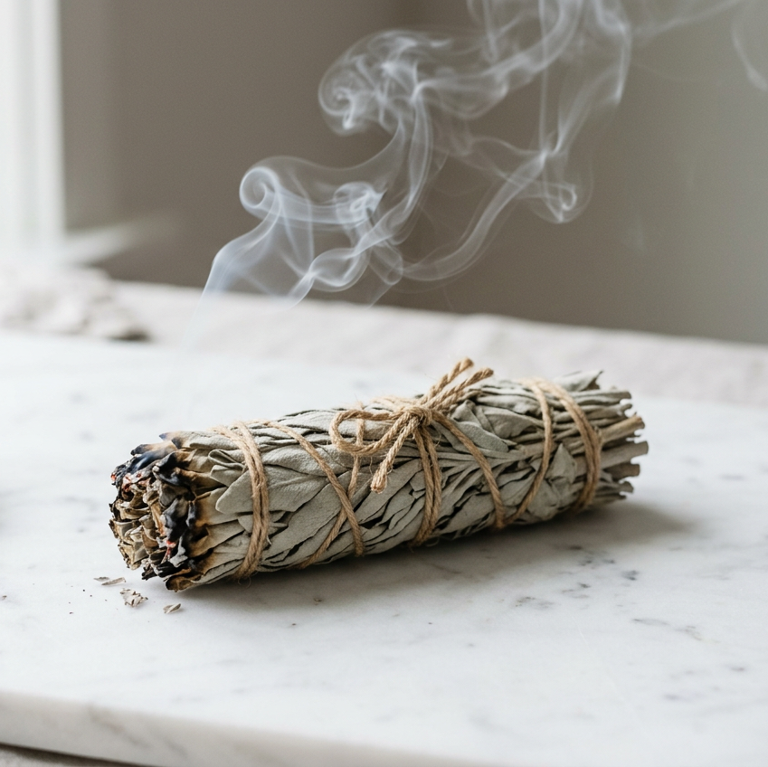A bundled bundle of dried sage smudge sticks tied with twine sits on a white marble slab with a small dish and loose leaves nearby, and wisps of smoke rise in the background.