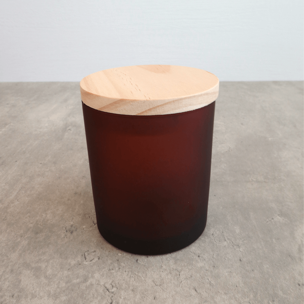 Candle Glass Jar - Frosted Amber - Wooden Lid - 8cm x 9cm (Limited Edition)