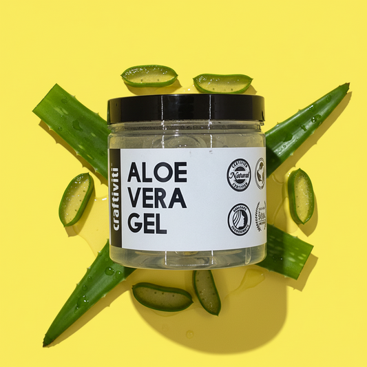 A clear plastic jar labeled ALOE VERA GEL with a black lid, on a yellow background.