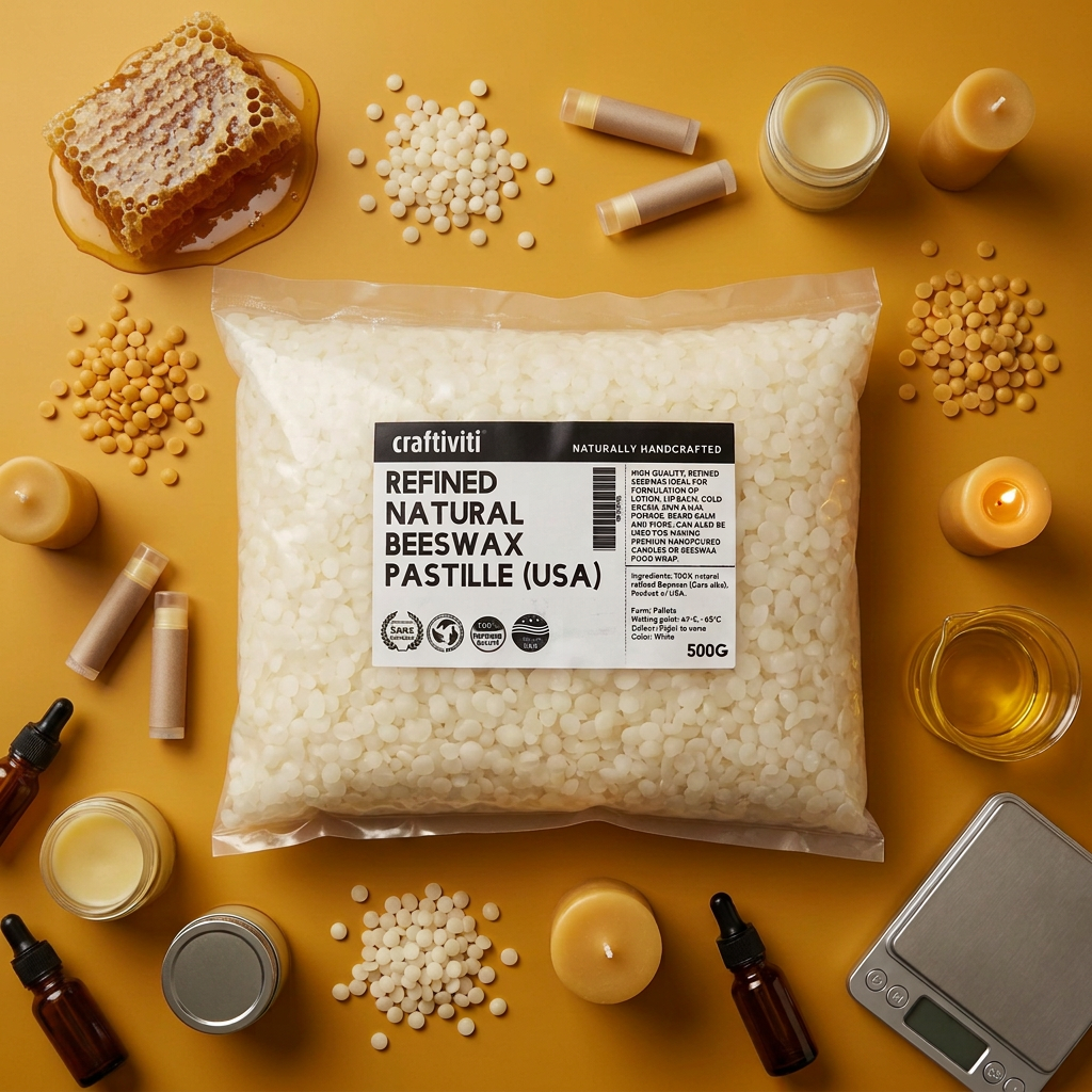 A clear plastic bag containing refined natural beeswax pastille with a label displaying product details, on a yellow background.