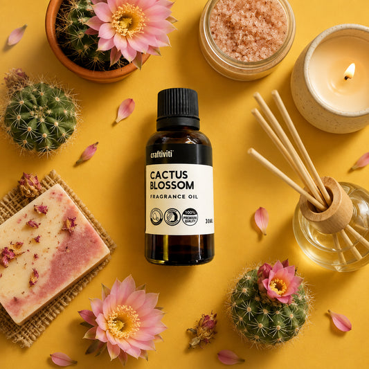A small amber glass bottle of Craftiviti Cactus Blossom fragrance oil with a black cap and white label, placed on a textured concrete surface.