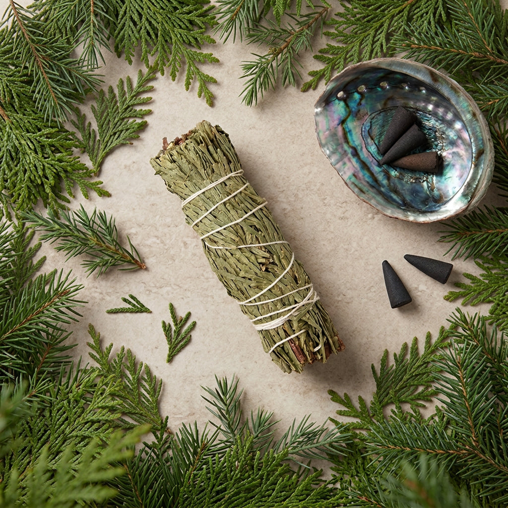 Bundled cedar smudge stick on a white background