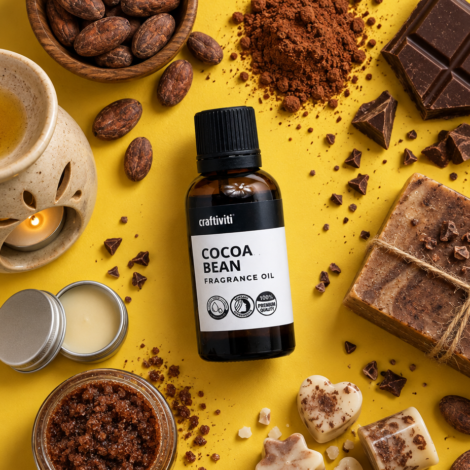 Craftiviti Cocoa Bean Fragrance Oil bottle centered on a bright yellow background, surrounded by cocoa beans, cocoa powder, chocolate pieces, a candle, and a wrapped soap bar.