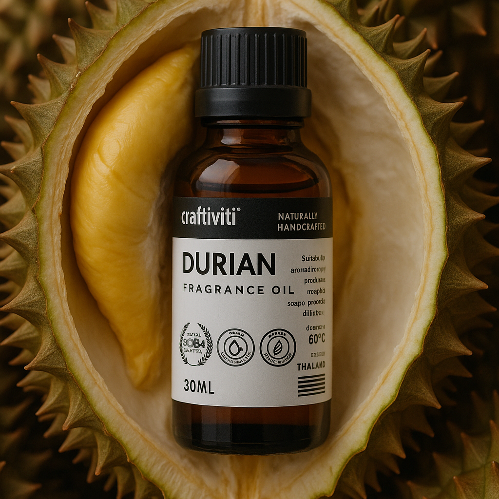 Craftiviti Durian Fragrance Oil in a 30ml amber glass bottle, nestled inside a fresh durian fruit shell with yellow flesh visible, on a dark background.