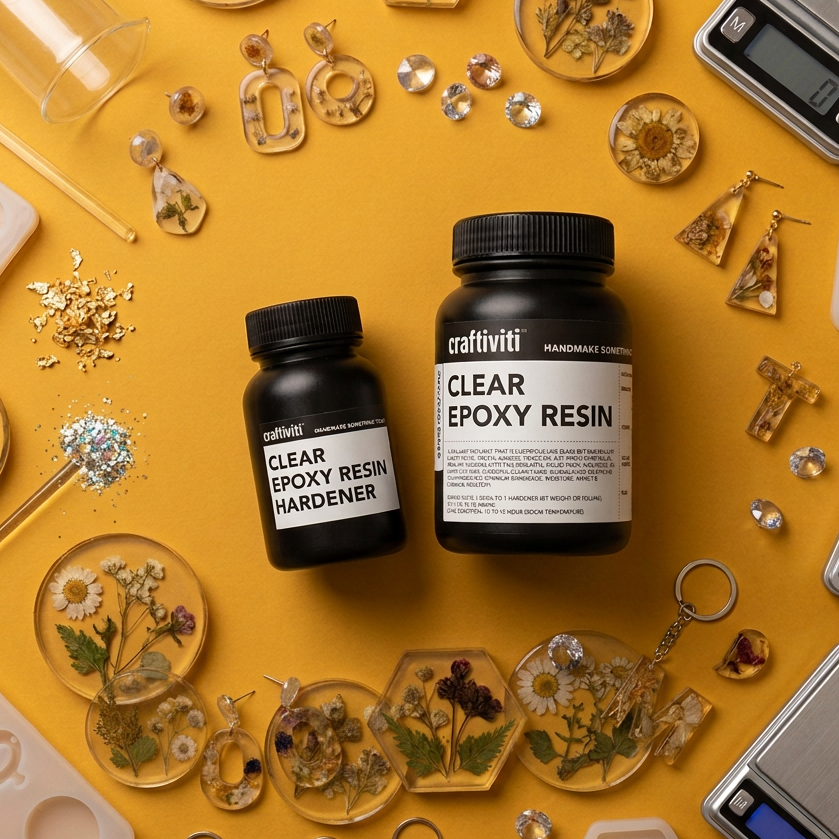 Two black plastic bottles of craftiviti Clear Epoxy Resin on a plain white background, one smaller bottle labeled Hardener and one larger bottle labeled Resin.