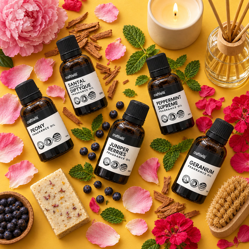 A set of six small bottles labeled as different fragrance oils such as Peony, Santal, Geranium, Juniper Berries, and Peppermint Supreme.