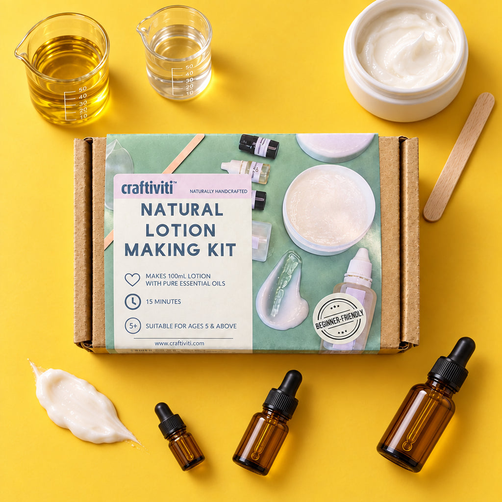 Craftiviti Natural Lotion Making Kit in a cardboard box with a mint green and white label, placed on a gray wood-grain surface.