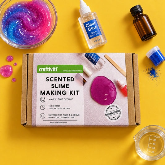 A craftiviti Scented Slime Making Kit in its original cardboard packaging, displayed on a neutral gray textured surface.