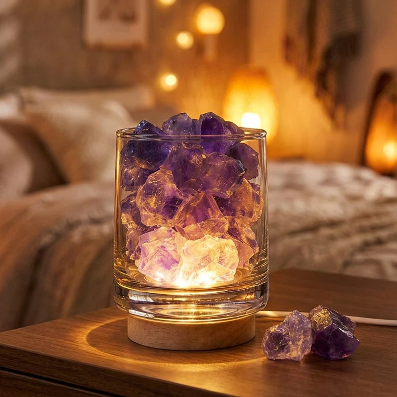 Glass container with purple crystals emitting light, placed on a surface with text in the background.