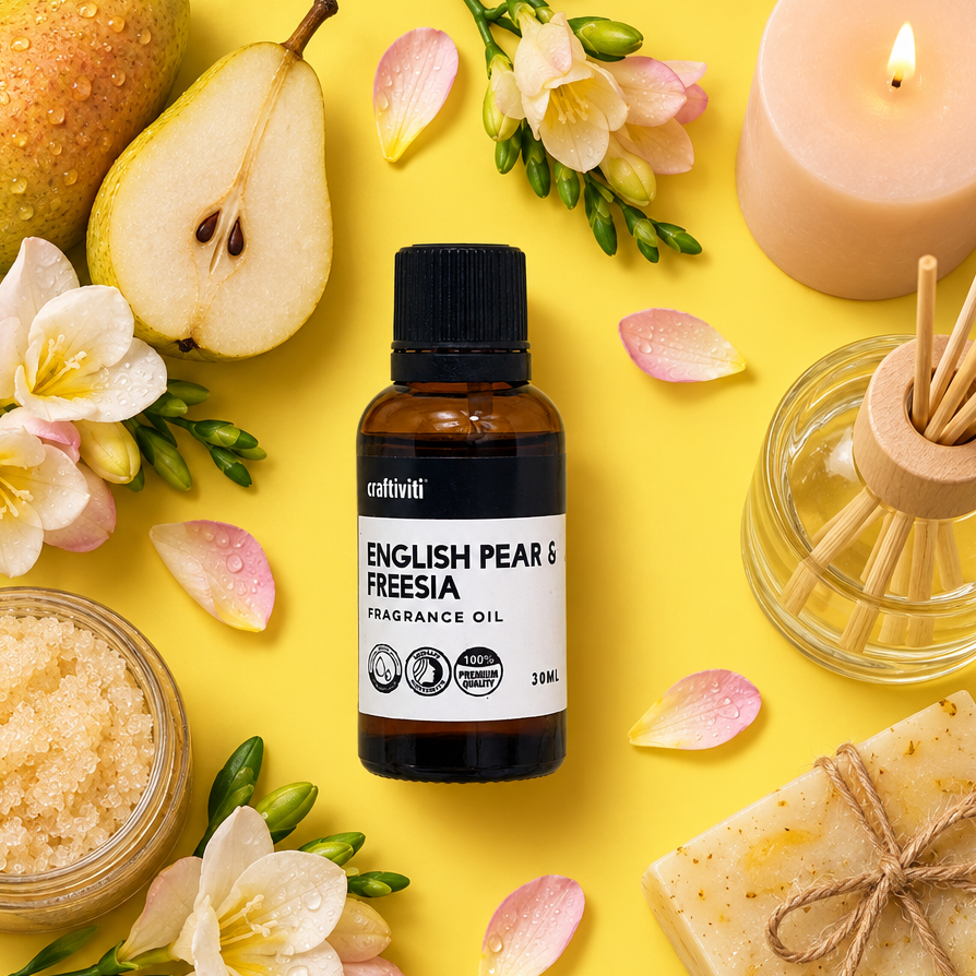 A bottle of cultini English Pear & Freesia fragrance oil is centered in a styled flat-lay on a bright yellow background, surrounded by a pear, flowers, a lit candle, a reed diffuser, bath salts, and a wrapped soap bar.