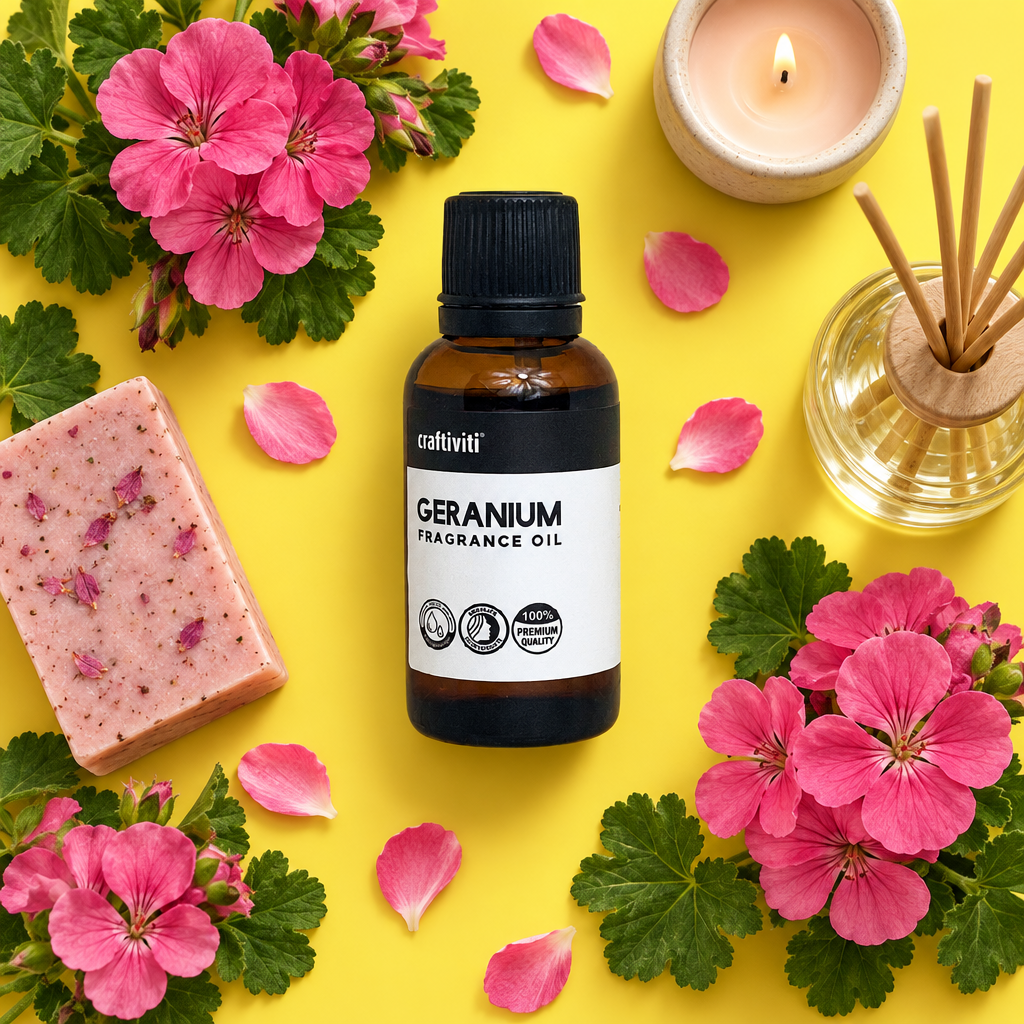 Craftiviti Geranium Fragrance Oil in an amber glass bottle with a black cap and white label, styled in a flat lay on a bright yellow background with pink flowers, rose petals, a candle, a reed diffuser, and a bar of soap.