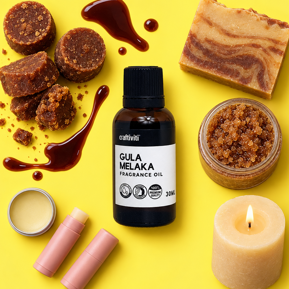 A styled flat-lay of a craftiviti Gula Melaka fragrance oil bottle surrounded by ingredients and scent-related items on a bright yellow background, including brown sugar pieces, a marbled soap bar, a jar of coarse scrub, a small candle, and two pink lip balm tubes.