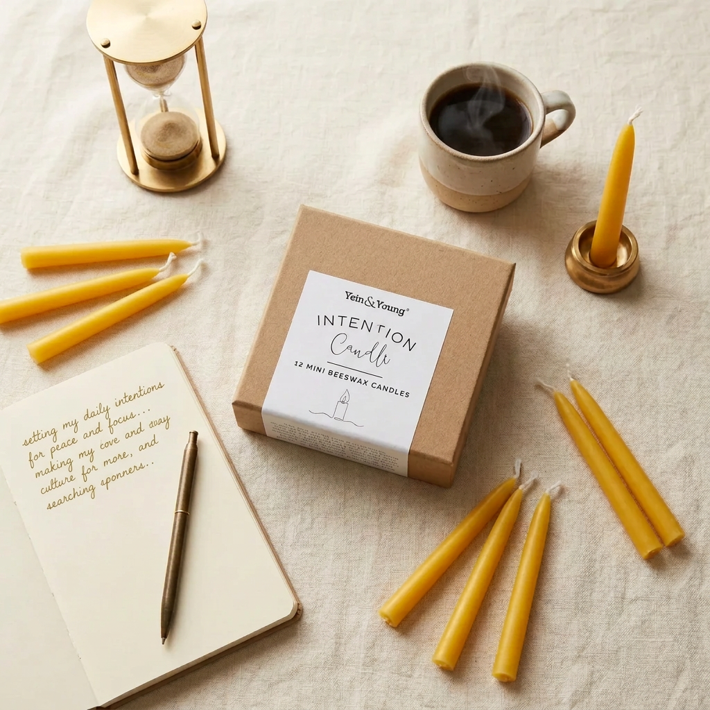 Yellow candles with a box labeled 'Intention Candles' on a beige surface
