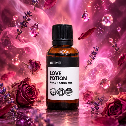An amber glass bottle of cafiviti Love Potion Fragrance Oil stands centered against a vivid pink and purple fantasy-style background with roses, lavender sprigs, floating droplets, and glowing bokeh effects.