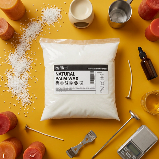 A sealed white plastic bag labeled with 'Natural Palm Wax for candle making' from Craftiviti.