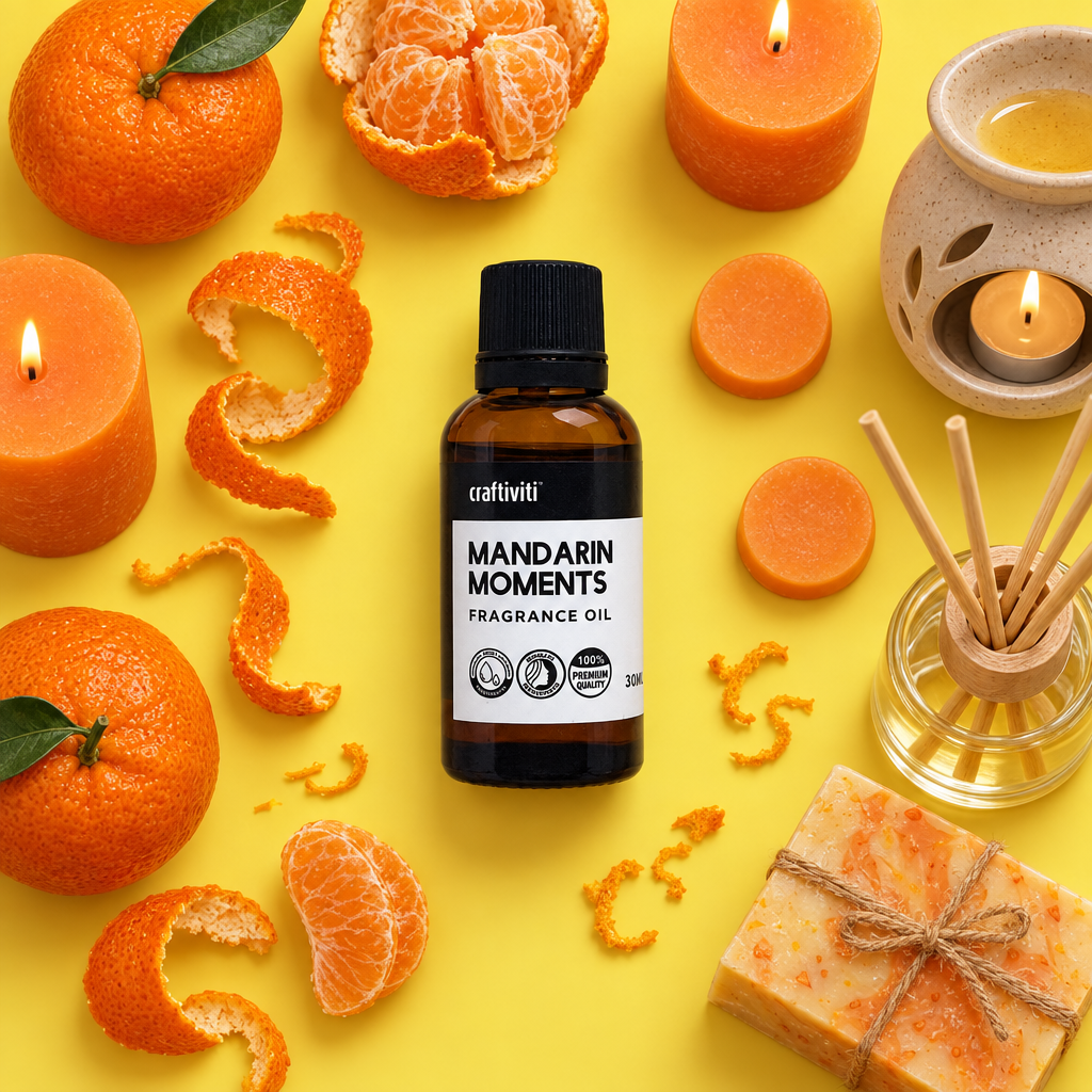 Craftiviti Mandarin Moments fragrance oil in an amber glass bottle with a black cap, styled on a bright yellow background with oranges, orange peels, candles, a reed diffuser, and a soap bar.