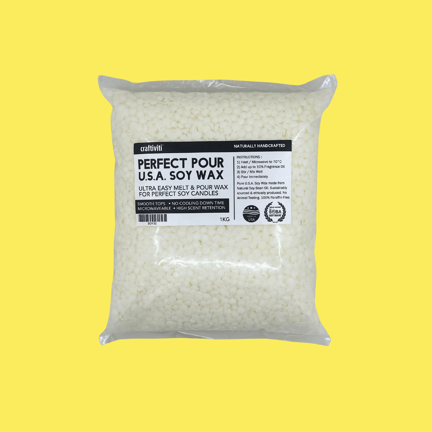 A clear plastic bag containing white soy wax pellets with a yellow background.