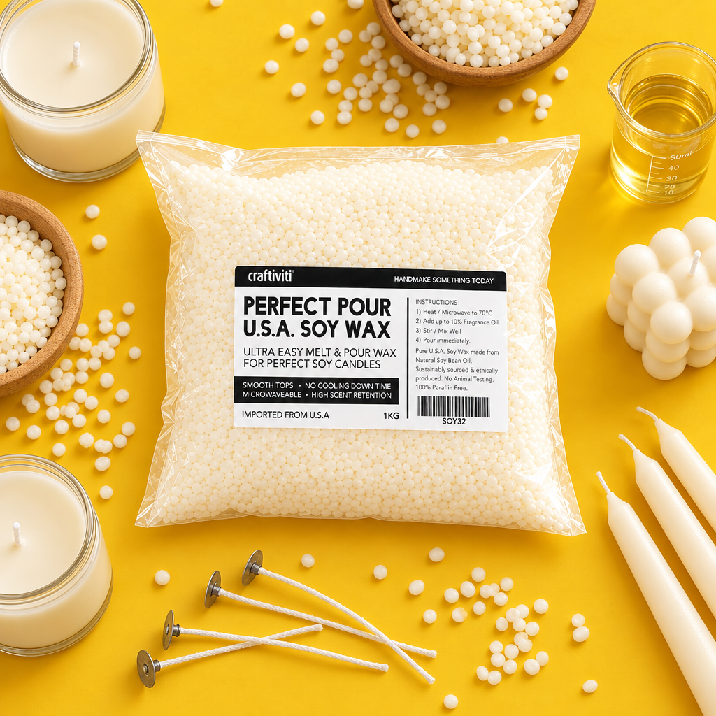 A 1 kg bag of craftiviti 'Perfect Pour' soy wax melts, displayed on a wooden tray with a candle and decorative dried flowers in the background.