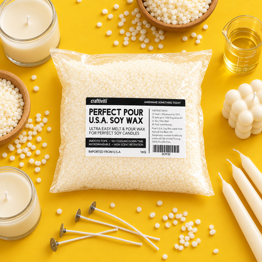 A 1 kg bag of craftiviti 'Perfect Pour' soy wax melts, displayed on a wooden tray with a candle and decorative dried flowers in the background.