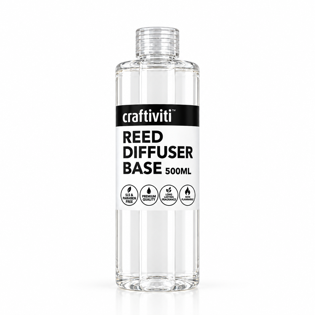A clear bottle labeled Reed Diffuser Base by Craftiviti, containing alessandro liquid which is used as a solvent for essential oils in aromatherapy.