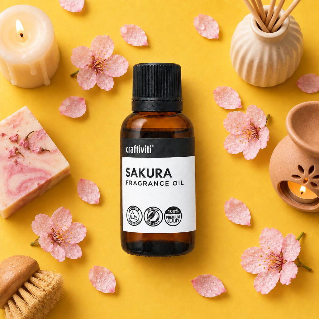 Craftiviti Sakura Fragrance Oil in an amber glass bottle with a black cap and white label, centered on a pink background with scattered pink cherry blossoms and petals.