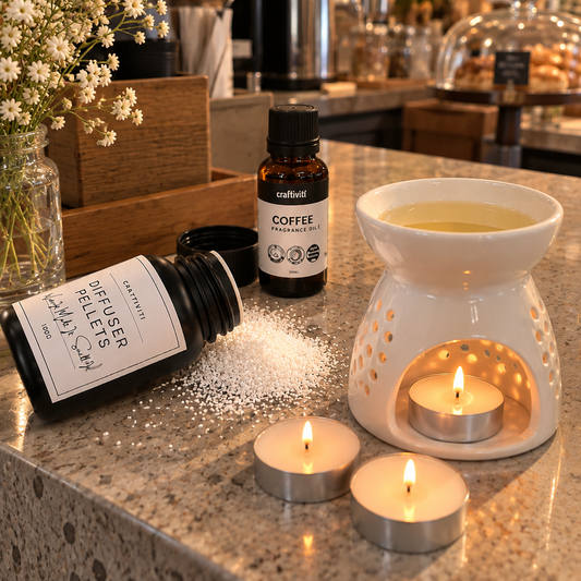 A cozy cafe counter scene featuring a white ceramic diffuser and a white tea light warmer with lit tealight candles, alongside a small amber bottle labeled 'COFFEE' and a tipped-over jar labeled 'RELAXER'.