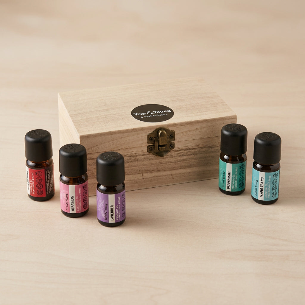 Yein&Young Gift Box Rituals Essential Oil Set with wooden box plain background 10ml bottles
