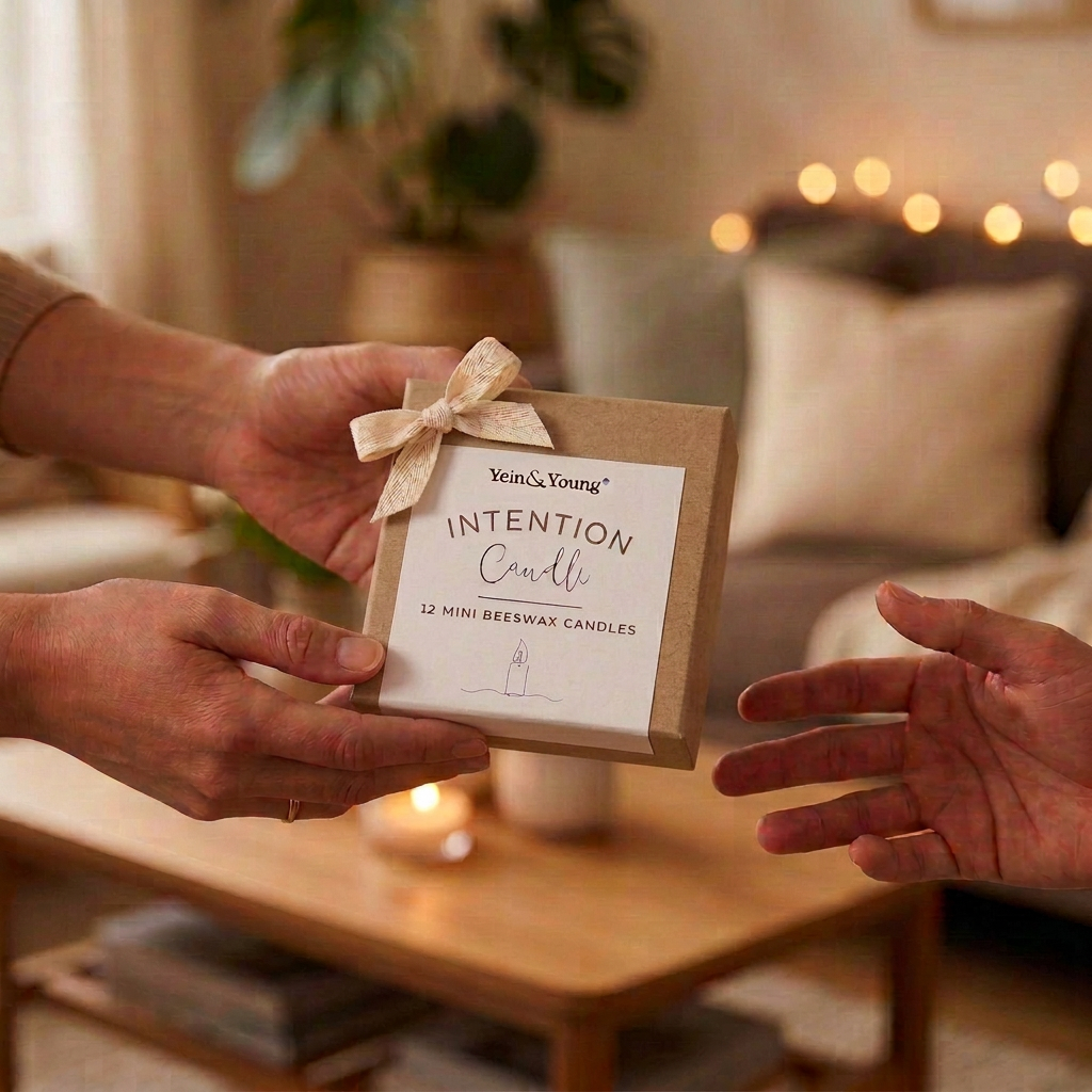Box of Yein & Young Intention Candles with a label on a white background