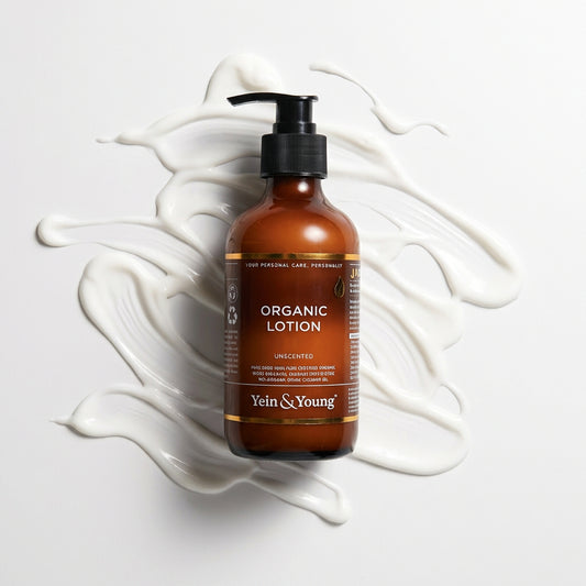 Brown organic lotion bottle with pump on a white background