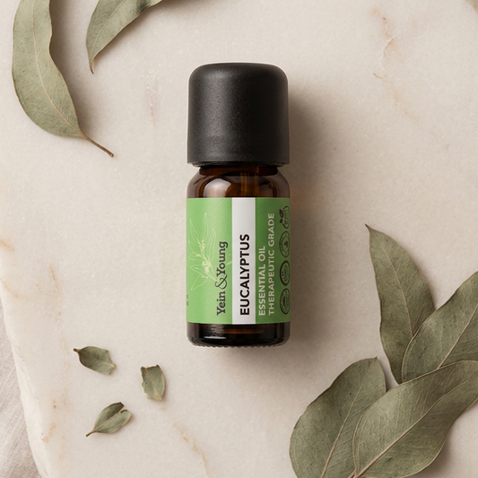 A bottle of Yein&Young Eucalyptus Essential Oil with a black cap and a label that includes the brand name and the type of essential oil.