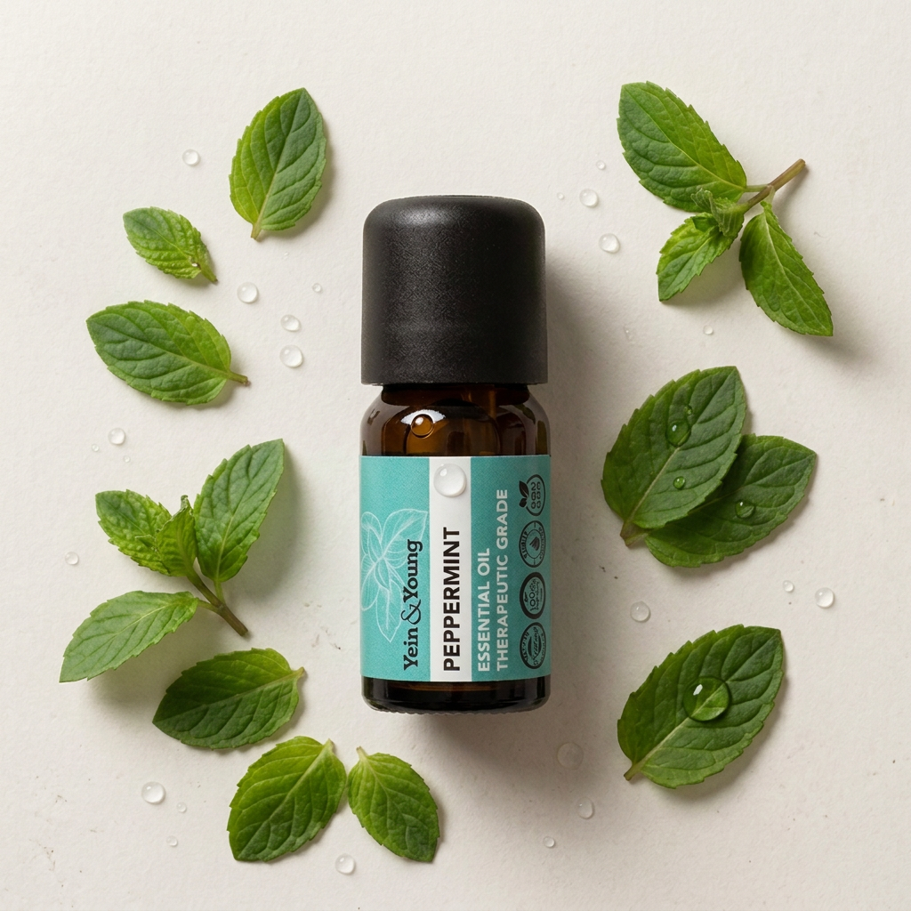 A 10ml bottle of Yein&Young Peppermint Essential Oil with a black cap and a label that includes the product name and the leaf symbol.