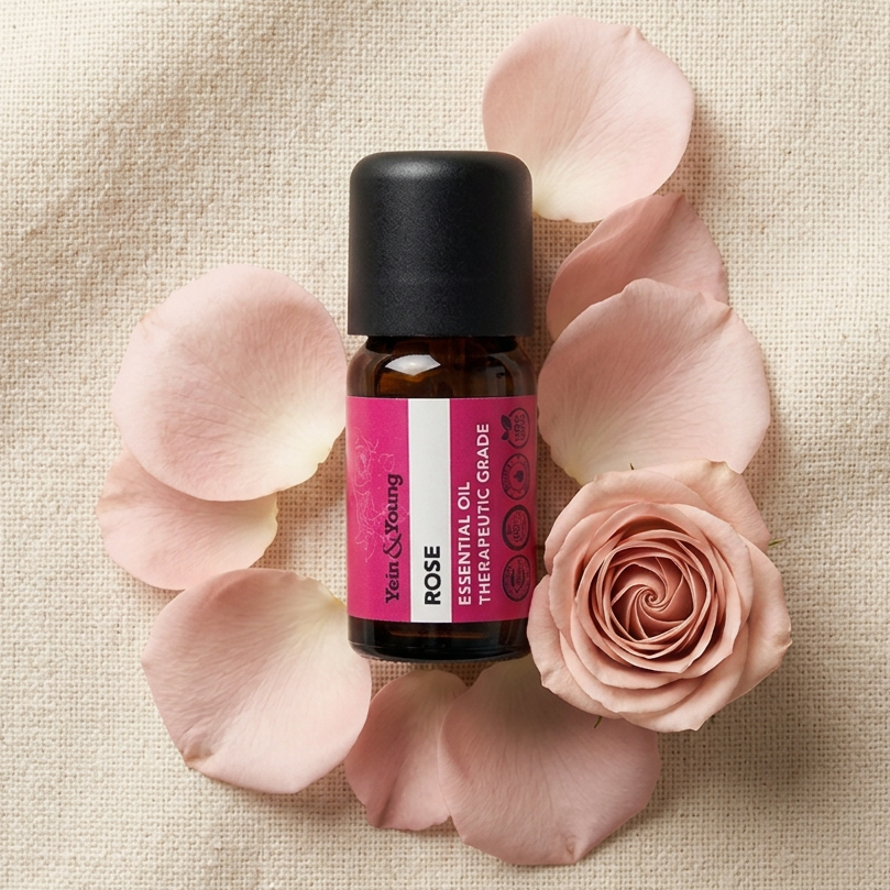 A small dark glass bottle with a black cap and a label that reads 'Yein&Young ROSE Essential Oil - 10ml', with a pink and white stripe design.
