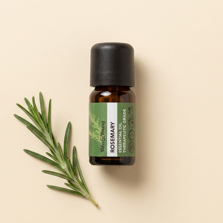 A 10ml bottle of Yein&Young Rosemary Essential Oil with a green label, brown bottle, and black cap.