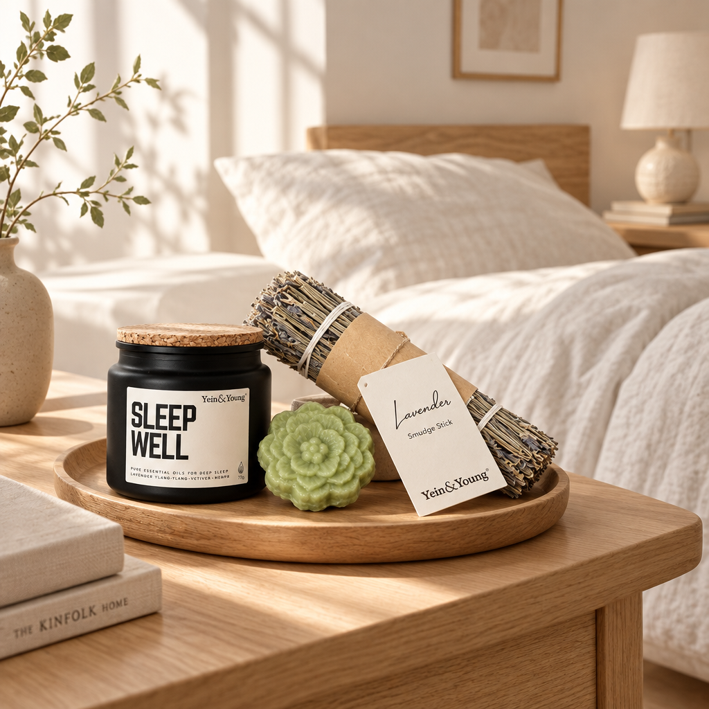 A sleep aid candle jar labeled 'SLEEP WELL' by Yin & Young, shown on a bright yellow background with a green flower-shaped soap and a lavender smudge stick tied with string and a paper tag.