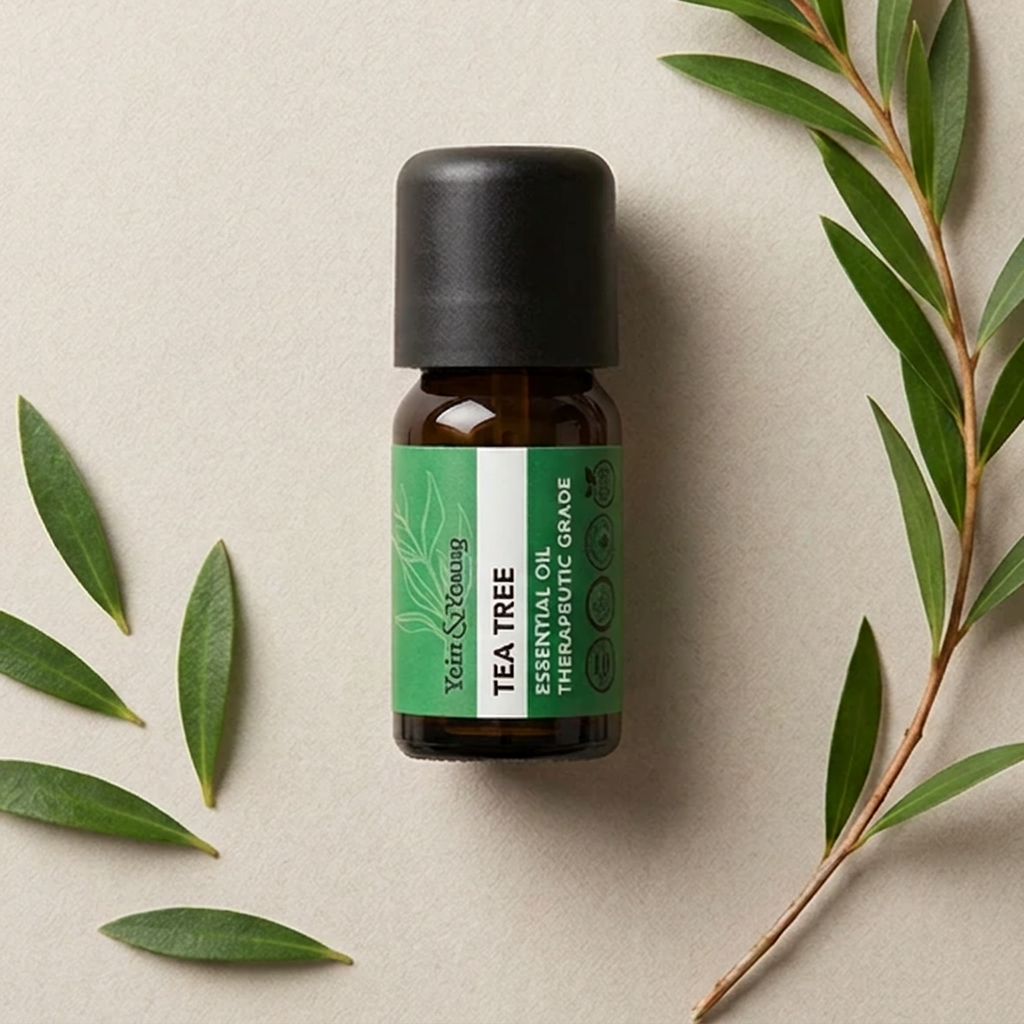 A 10ml bottle of Yein&Young Tea Tree Essential Oil with a black cap and a green label, indicating it is used for therapeutic purposes.