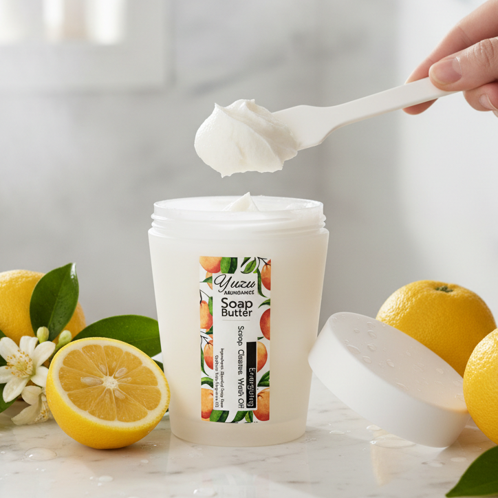 A tub of Yuezu Abundance Soap Butter in the Everbloom scent, styled in a flat-lay with fresh lemons, green leaves, and white flowers on a light marble background.
