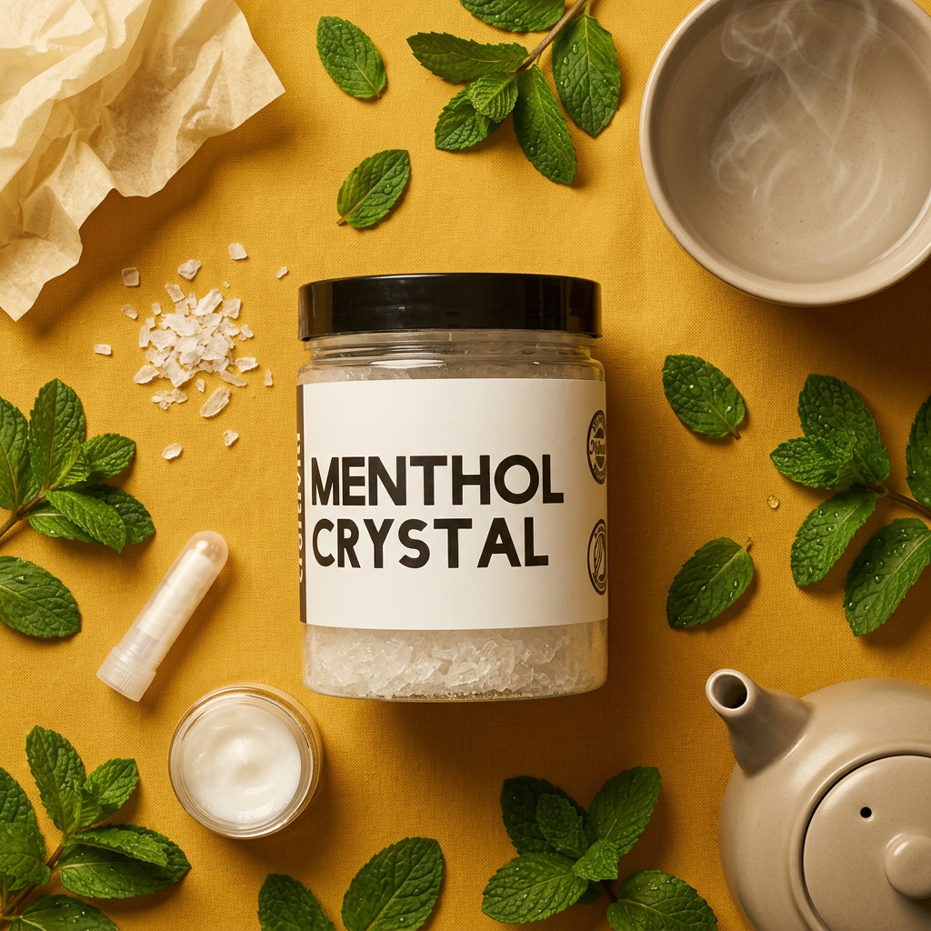 A clear plastic jar labeled 'MENTHOL CRYSTAL' on a yellow background, containing white translucent crystals.