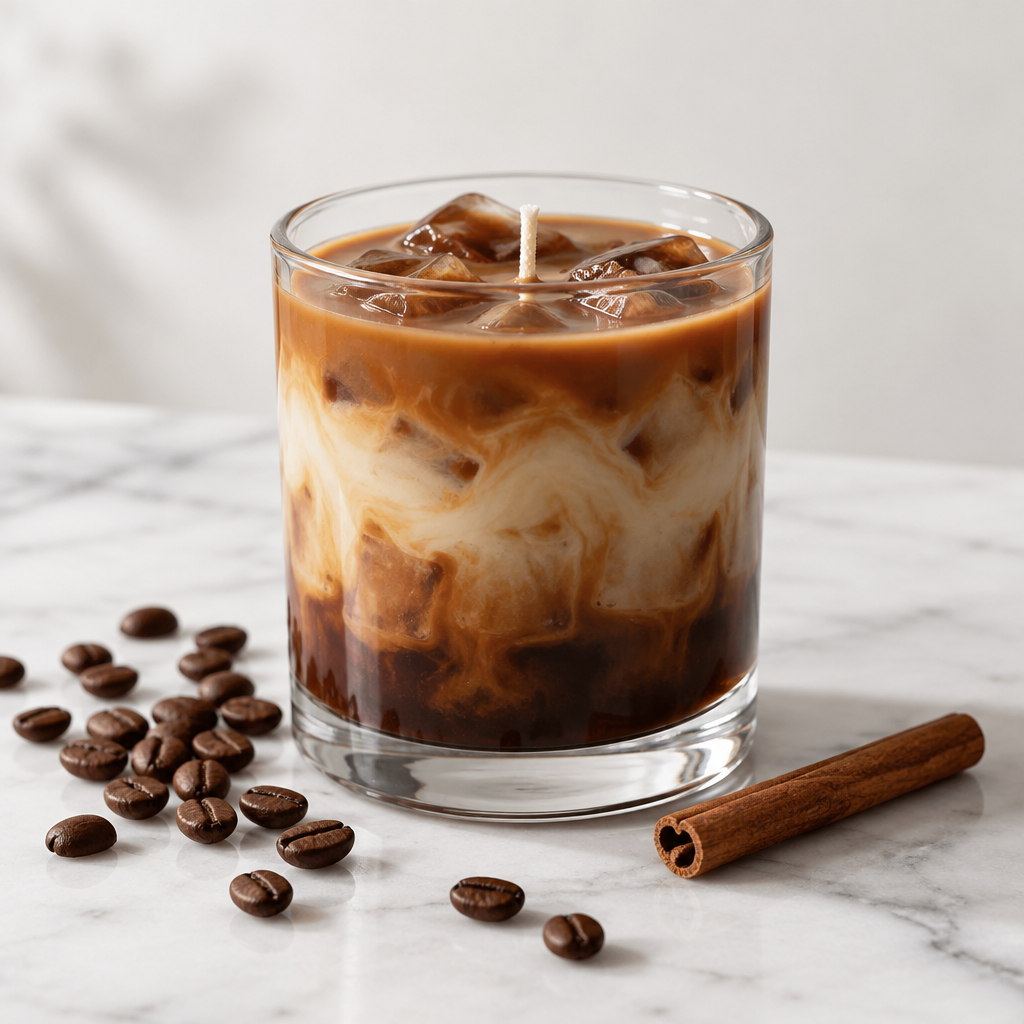 An iced coffee candle in a clear glass tumbler sits on a white marble surface with scattered coffee beans and a cinnamon stick. The candle has a white wick and shows layered dark brown, medium brown, and creamy off-white liquid resembling iced coffee.