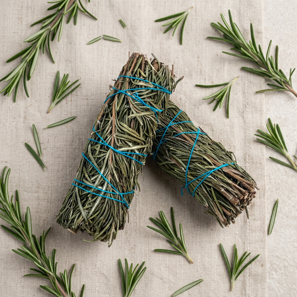 Bundled rosemary herbs tied with blue string on a white background
