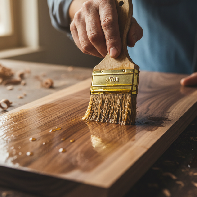 A close-up of a person's hand holding a paintbrush with a gold-colored metal ferrule, applying a glossy finish of wood finish or oil to a wooden board in a workshop setting.