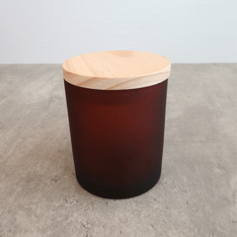 Candle Glass Jar - Frosted Amber - Wooden Lid -  8cm x 9cm (Limited Edition)