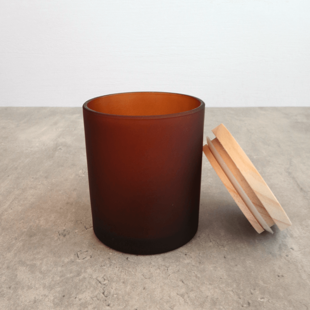 Candle Glass Jar - Frosted Amber - Wooden Lid - 8cm x 9cm (Limited Edition)